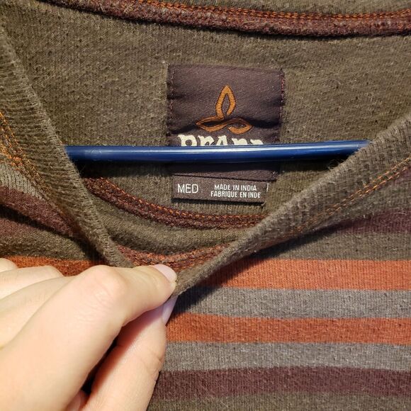 Prana Logo Breathe Cotton Hiking Outdoorsy Pullover Crewneck Brown Striped Med - Picture 4 of 9